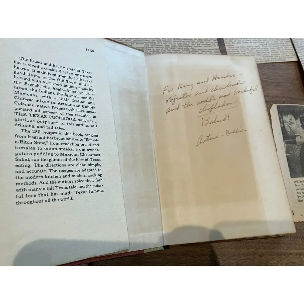Texas Cookbook Arthur & Bobbie Coleman 1949 + Newspaper Articles‎ and Recipes